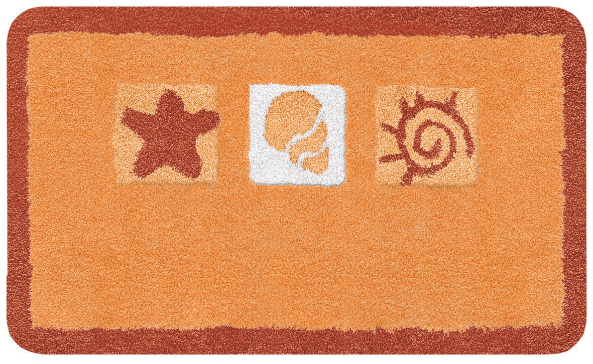 Orange Badematte mit Muschel-, Seestern- und Sonnensymbolen aus Textil