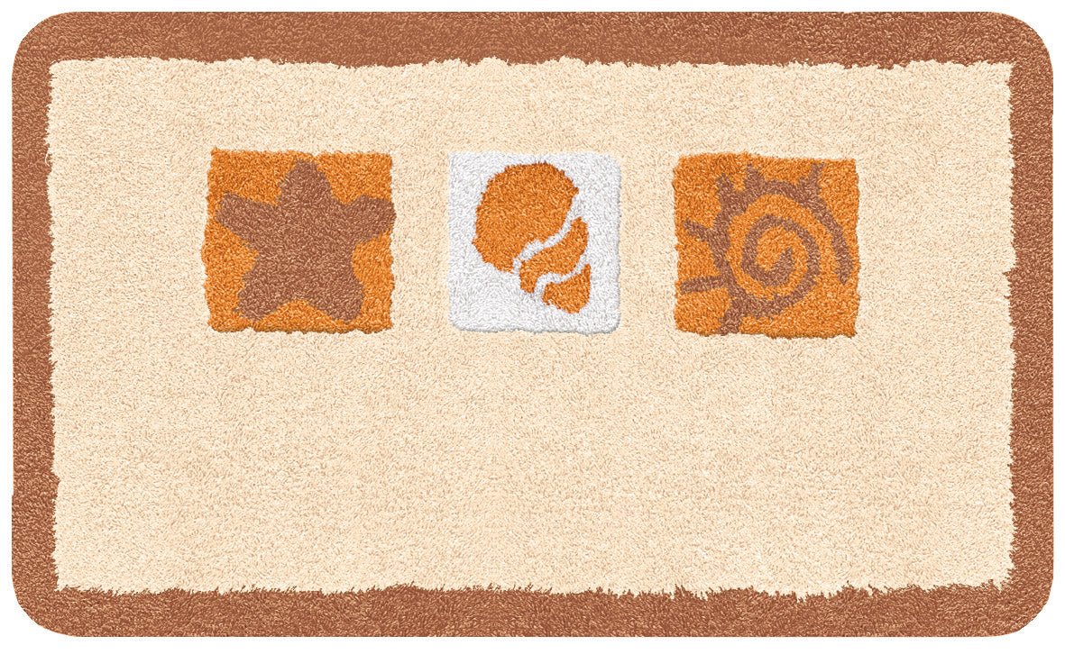 Beige Badematte mit braunem Rand und drei orangen Strandmotiven