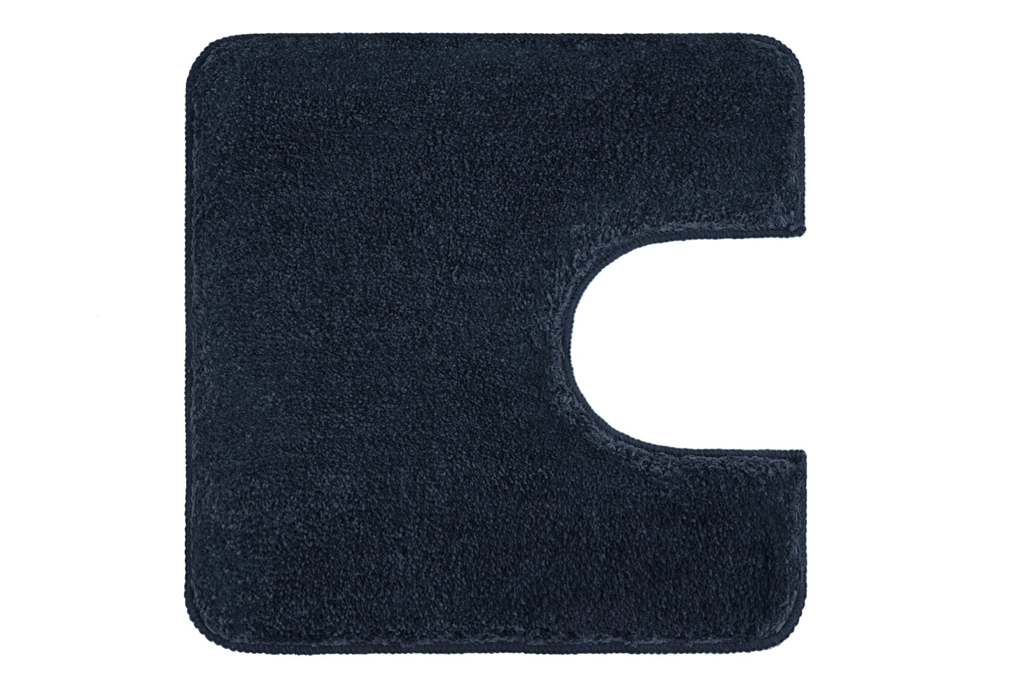 Dunkelblaue, eckige WC-Vorlage mit U-Ausschnitt aus Hochflor Teppich