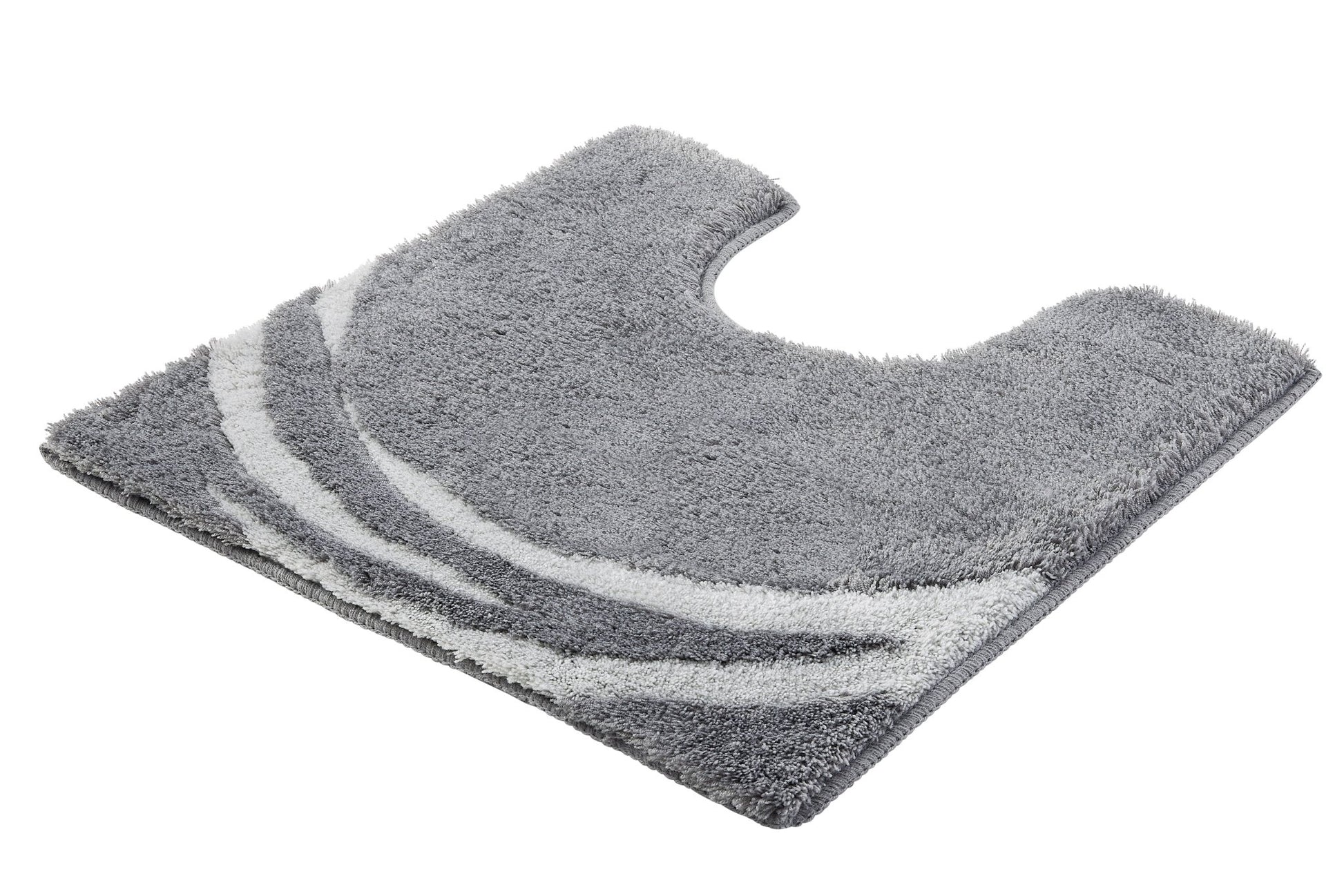 WC-Vorleger MYSTIC Anthrazit 55x55 cm mit Ausschnitt und geschwungenem Muster liegt auf dem Boden.