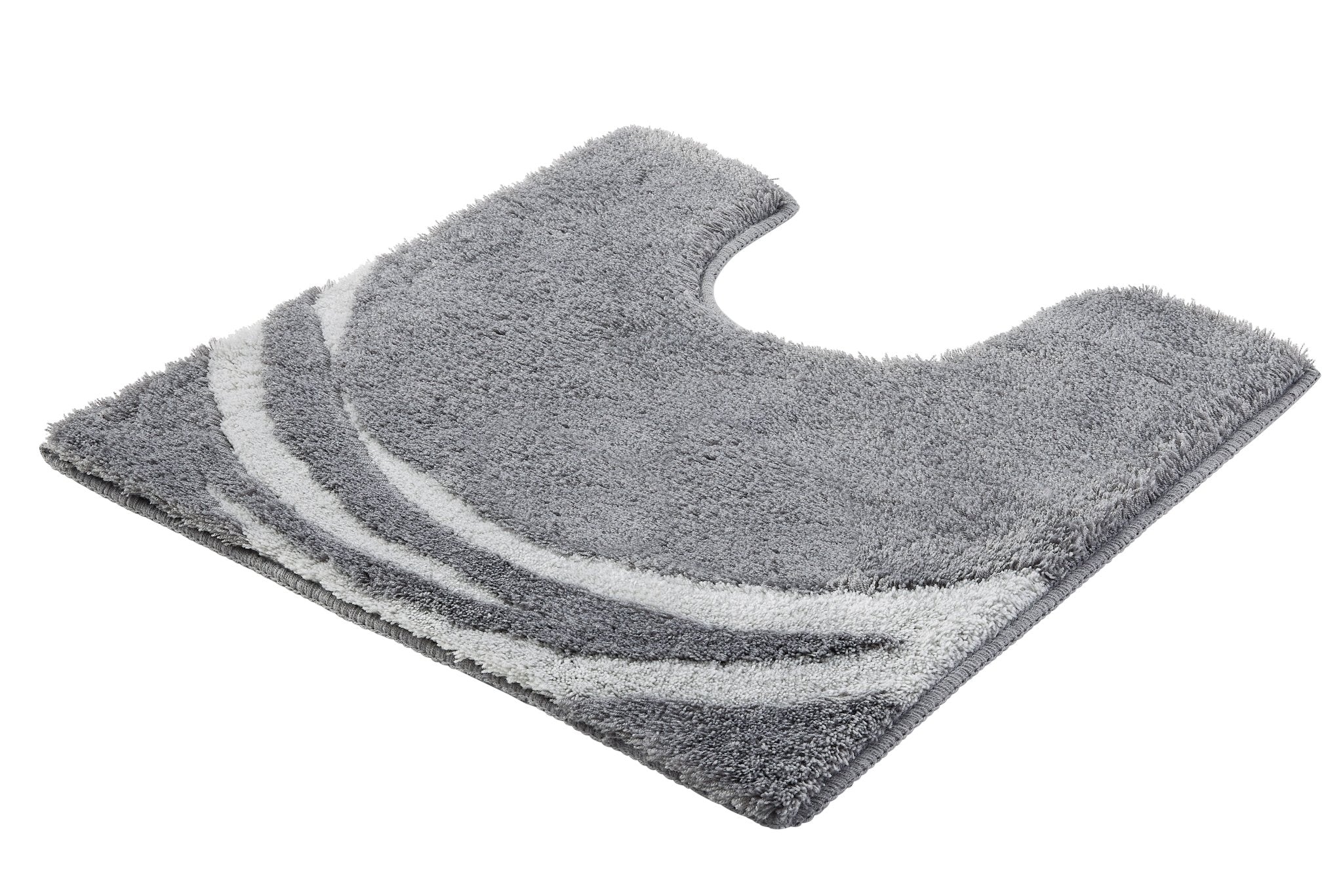 WC-Vorleger MYSTIC Anthrazit 55x55 cm mit Ausschnitt und geschwungenem Muster liegt auf dem Boden.