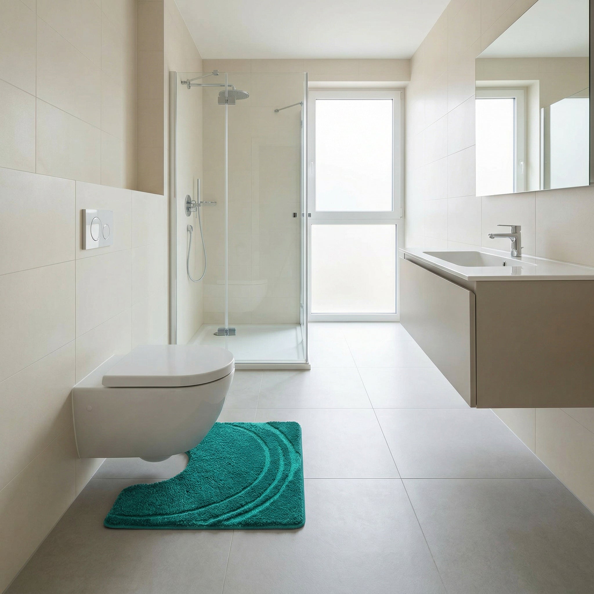 Modernes Bad mit Wand-WC, türkisfarbener Badematte und Glasdusche