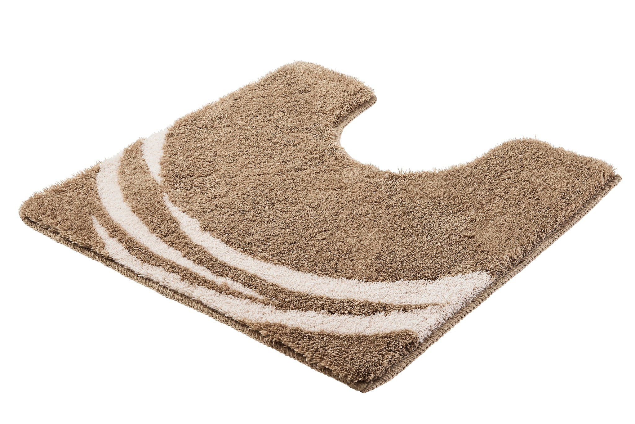 Beiger WC-Vorleger mit weißen geschwungenen Streifenmuster aus Hochflor