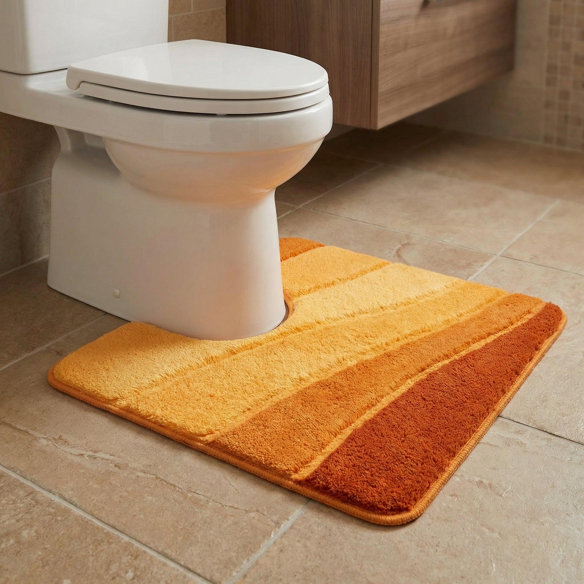 Orange-gelb gestreifte Badematte vor einer weißen Toilette auf Fliesenboden