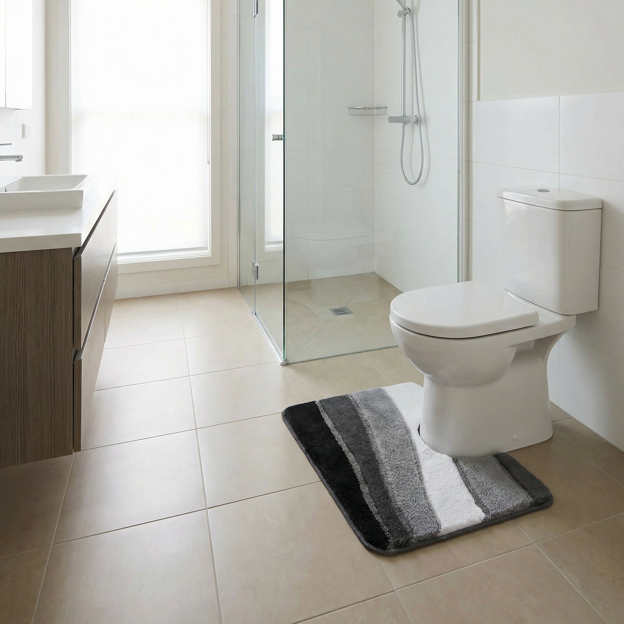 Modernes Badezimmer mit Toilette, Dusche und gestreifter Badematte