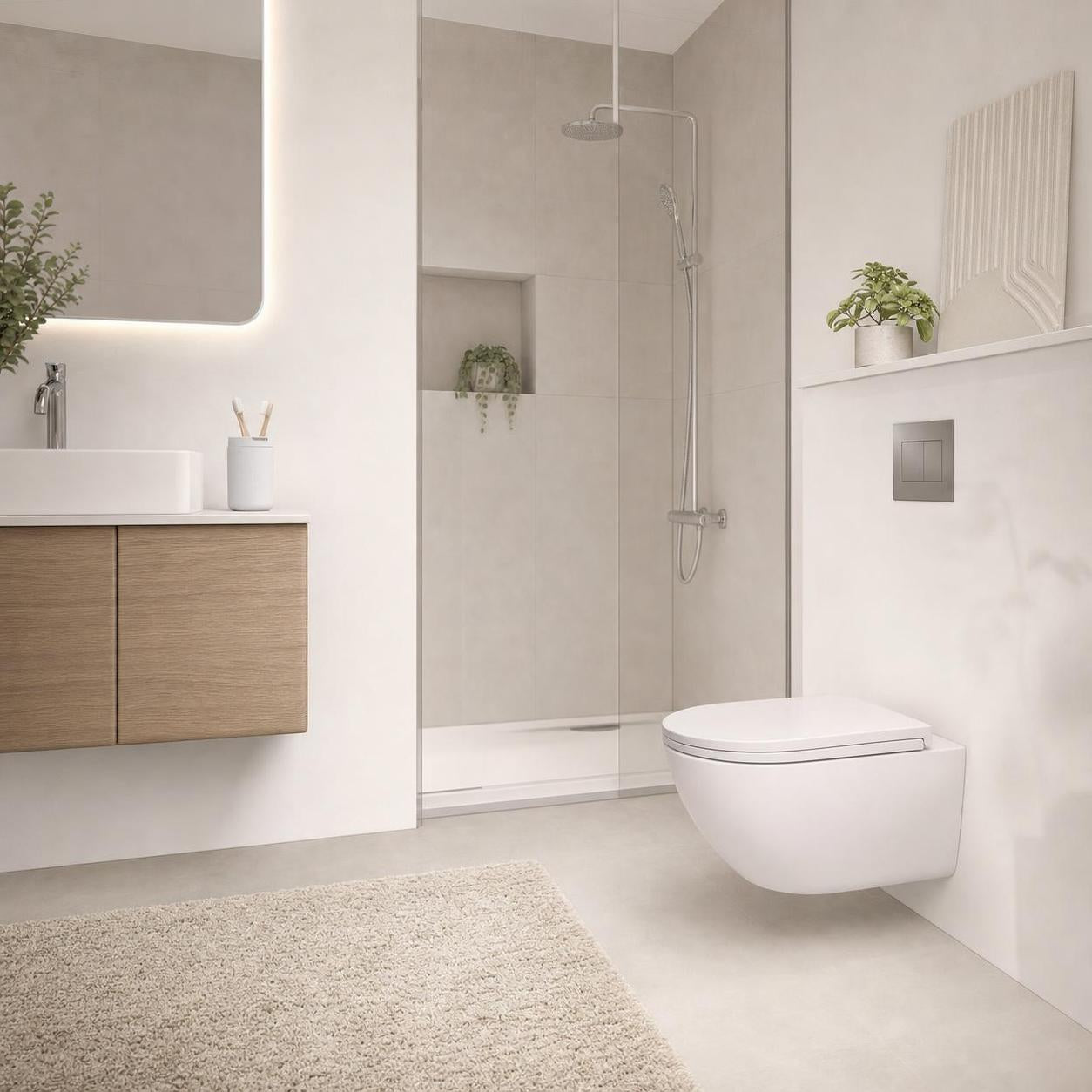 Ein wandhängendes WC steht in einem hellen Bad mit Dusche und Waschtisch.