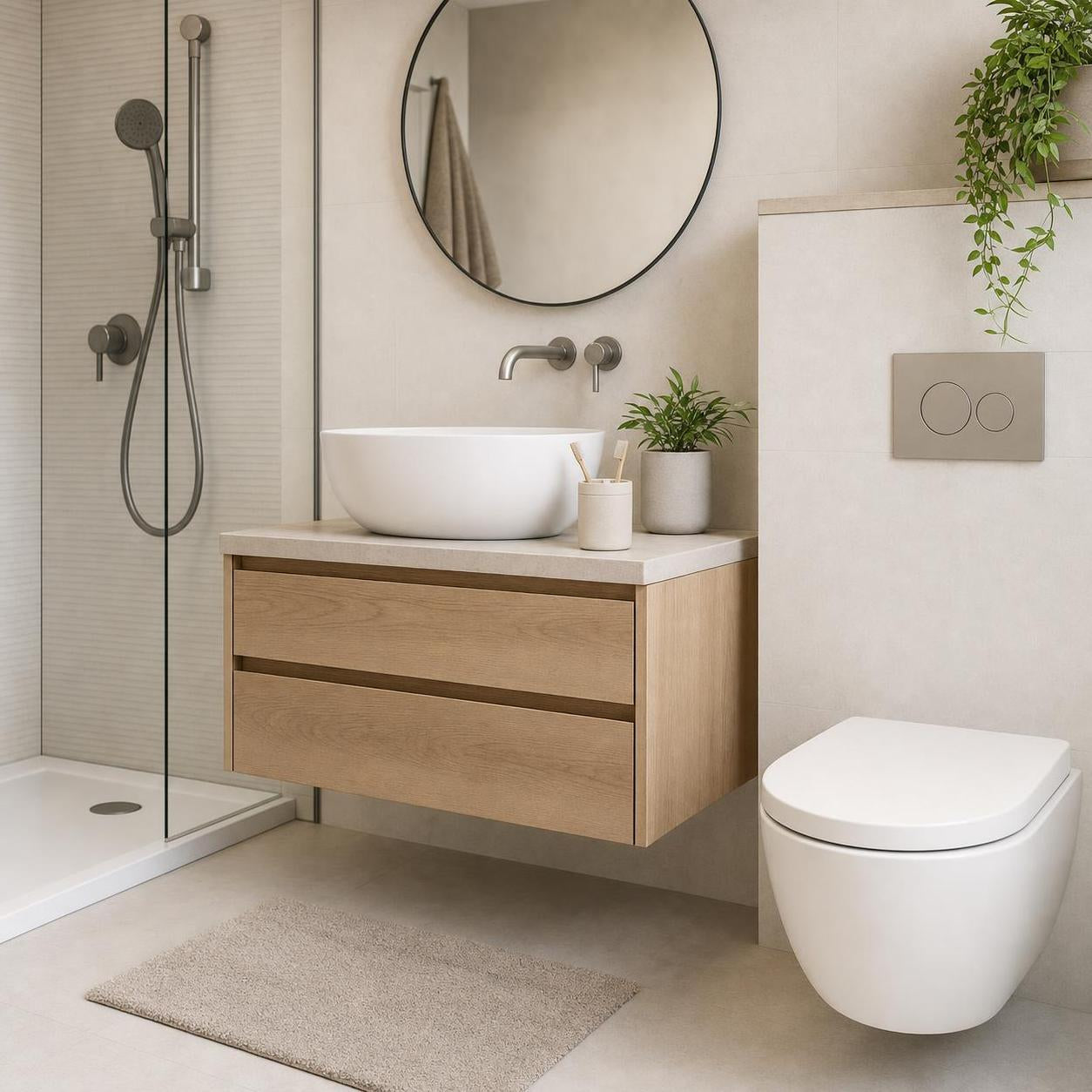Wandhängendes WC in modernem Bad mit Holzwaschtisch und Dusche.