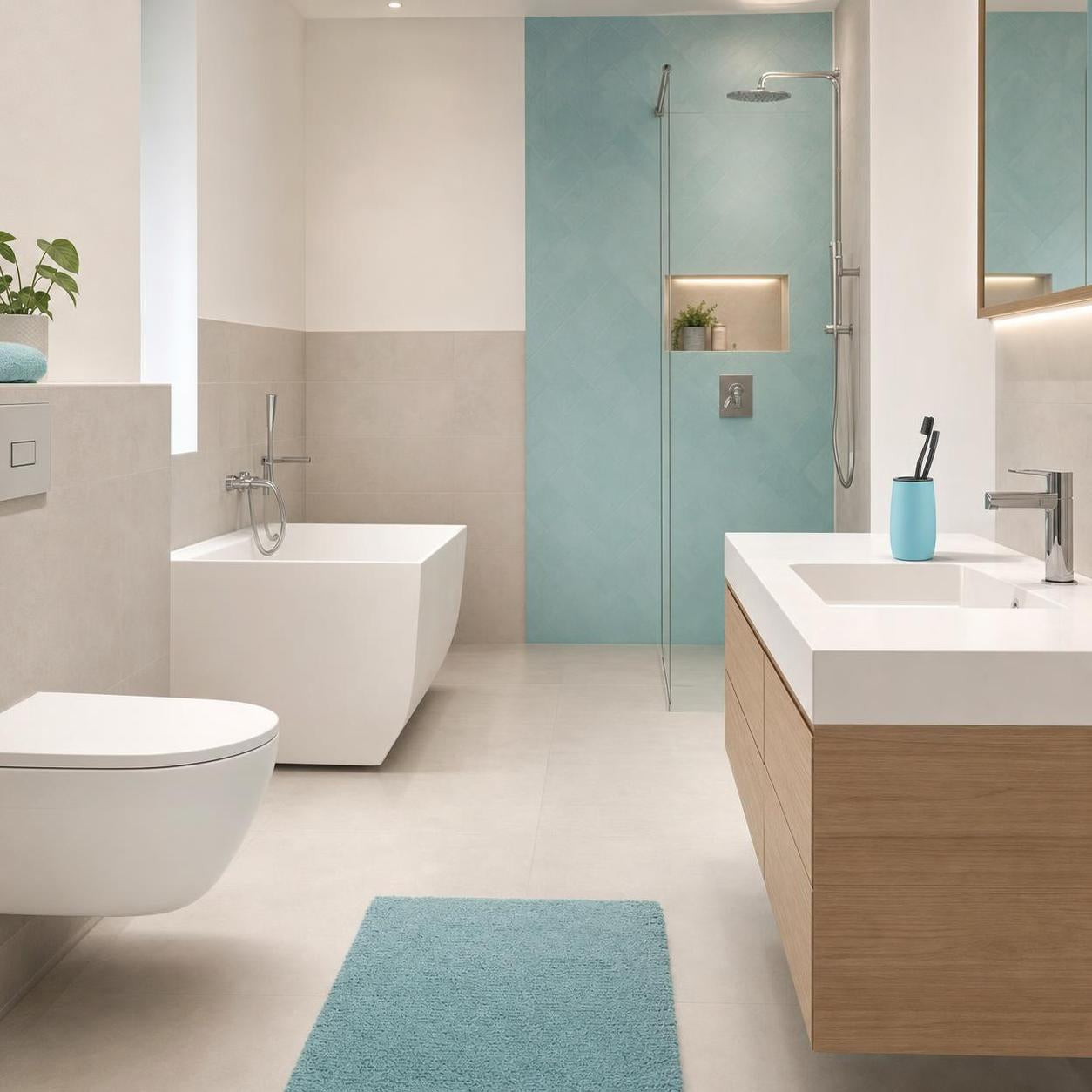 Türkiser Badteppich liegt in einem modernen Bad mit Wanne und Dusche.
