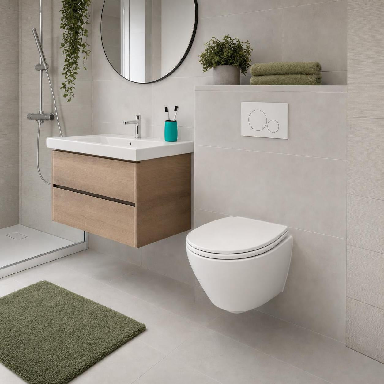 Modernes Bad mit Wand-WC, Holzwaschtisch und grünen Akzenten.