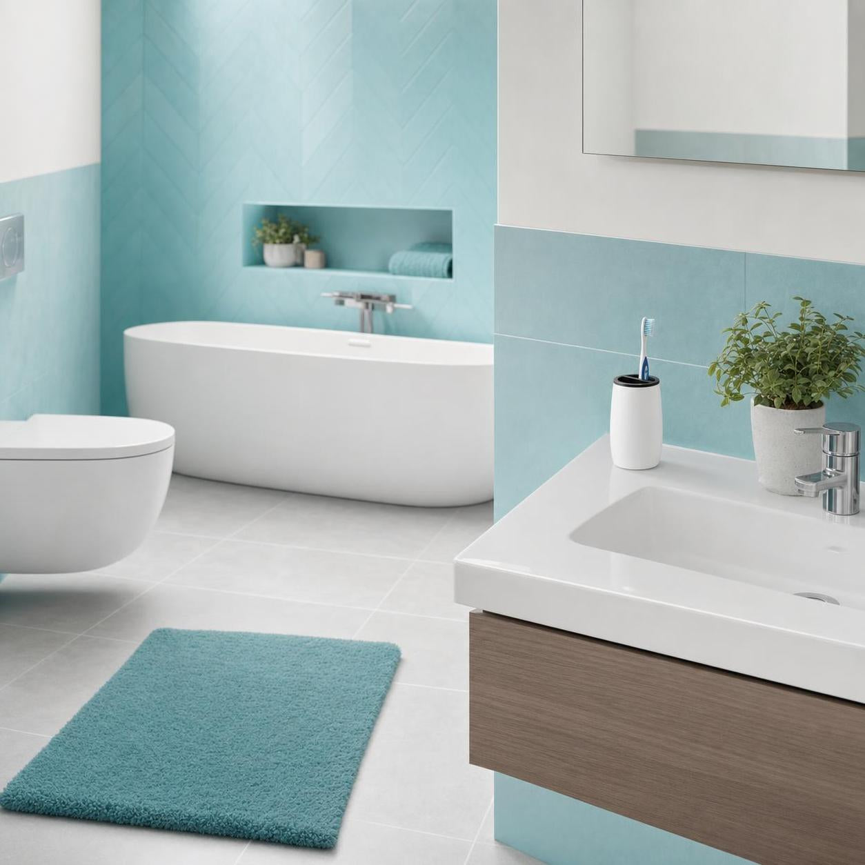 Türkise Badematte liegt vor Badewanne und Waschbecken im modernen Bad.
