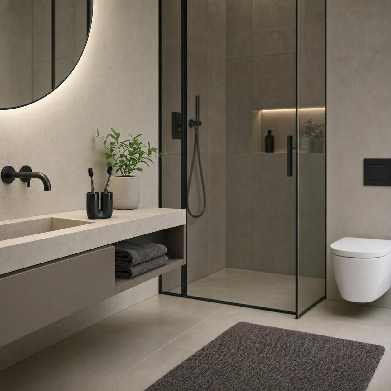 Grauer Badteppich liegt vor Dusche und Waschtisch im modernen Bad.