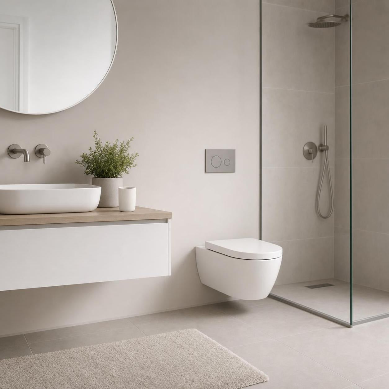 Ein wandhängendes WC hängt in einem modernen Bad mit Glasdusche.