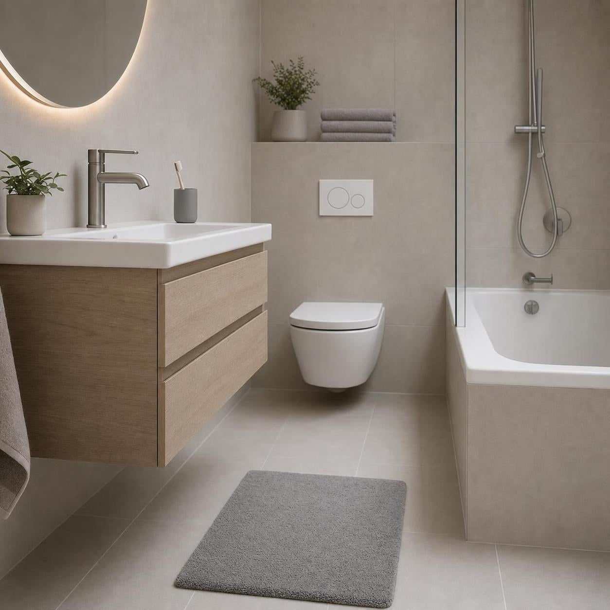Graue Badematte liegt vor Wanne und Waschbecken im modernen Bad.