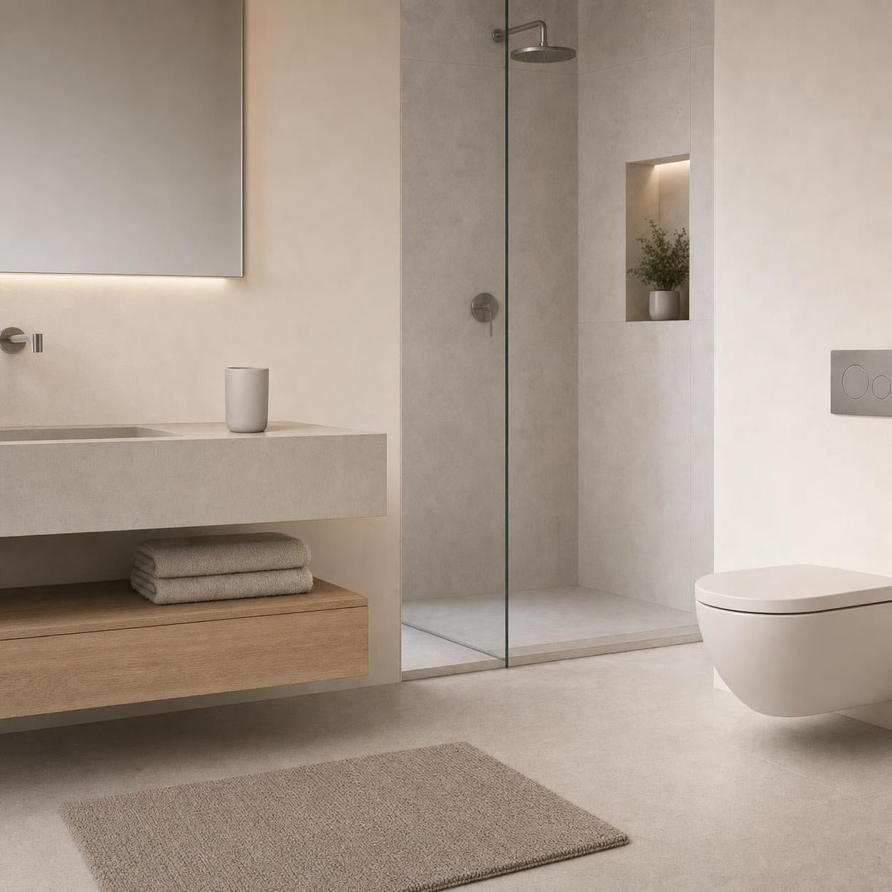 Beige Badematte vor Waschtisch in modernem Bad mit Glasdusche.