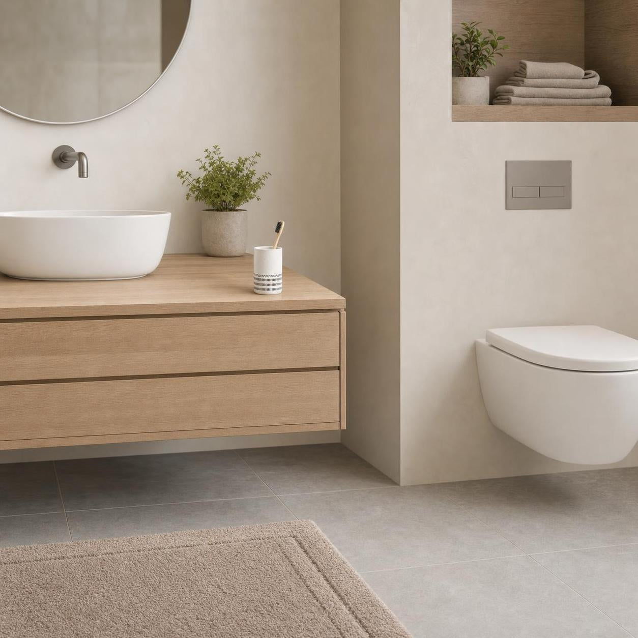 Beige Badematte liegt vor Waschtisch und WC im modernen Bad.