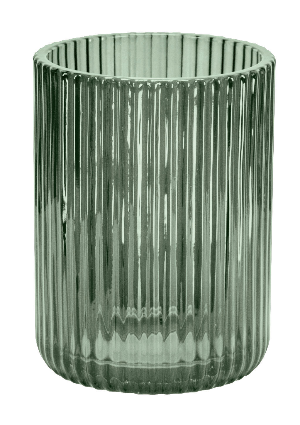 Grüner, gerippter Glasbecher als Zahnputzbecher, aufrecht stehend