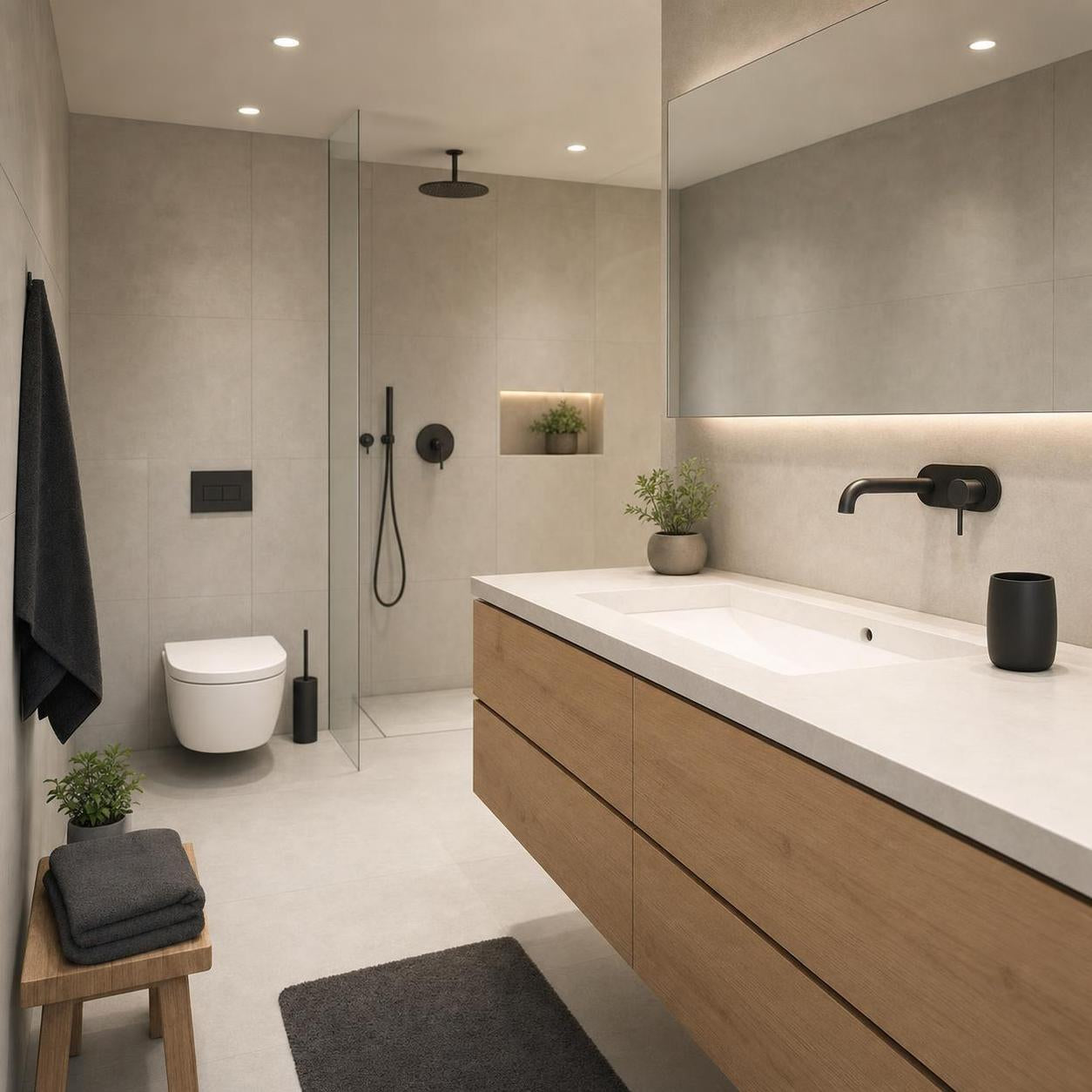 Modernes Bad mit Holz-Waschtisch, Glasdusche und schwarzen Armaturen.