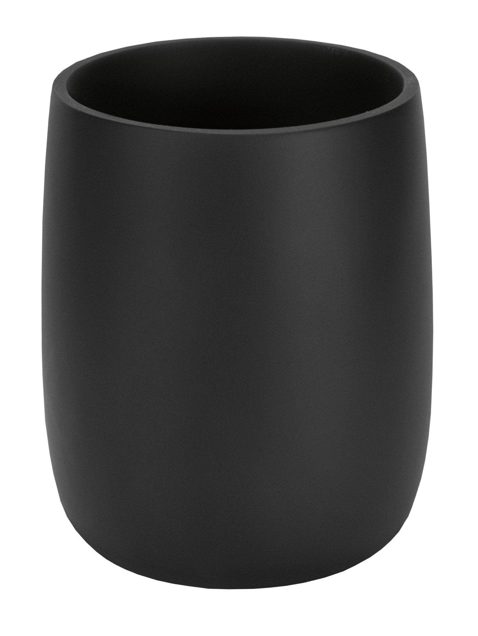 Schwarzer Zahnputzbecher BONNY steht freistehend vor weißem Hintergrund.