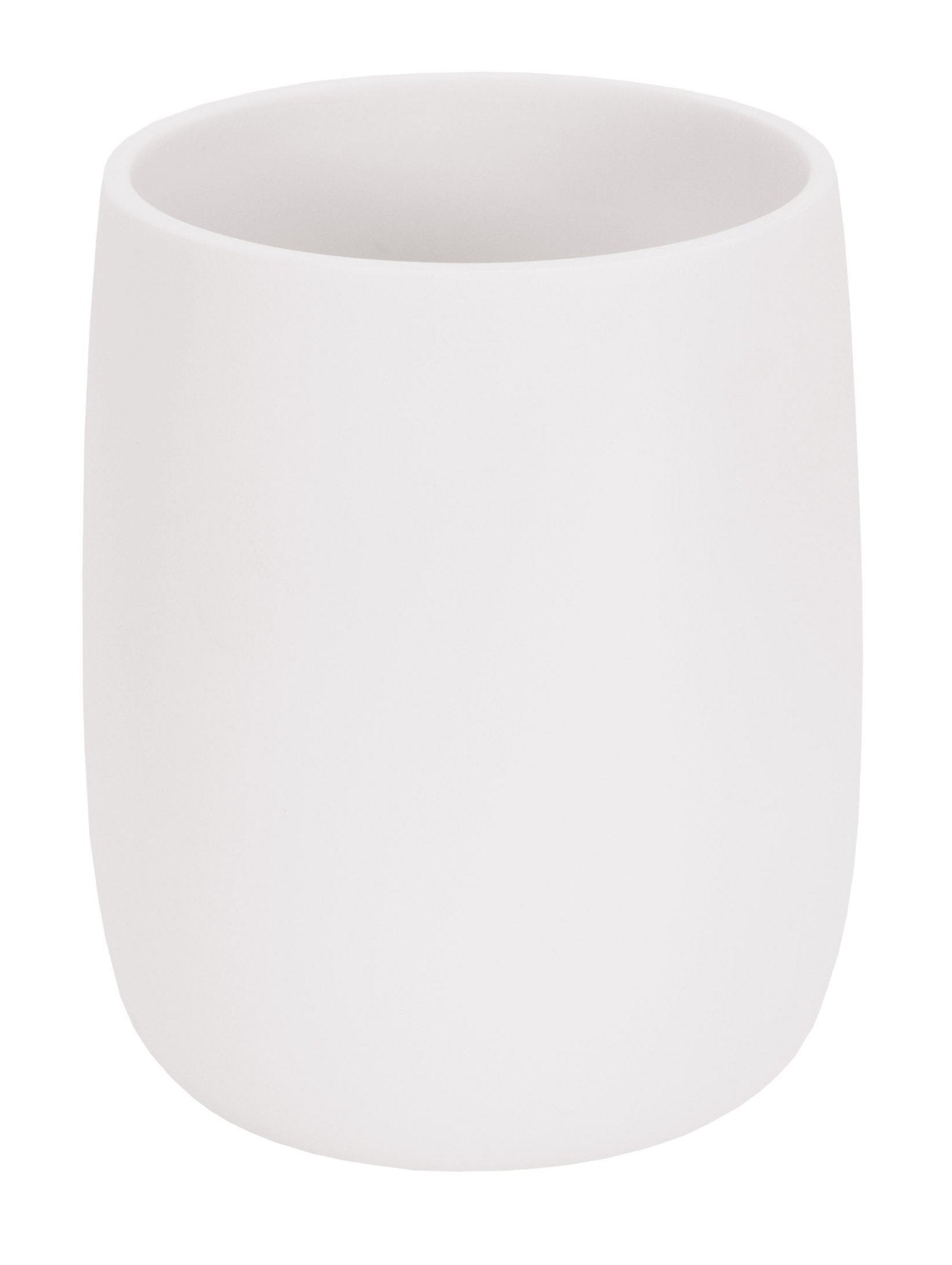 Der weiße Zahnputzbecher BONNY steht freistehend vor neutralem Hintergrund.