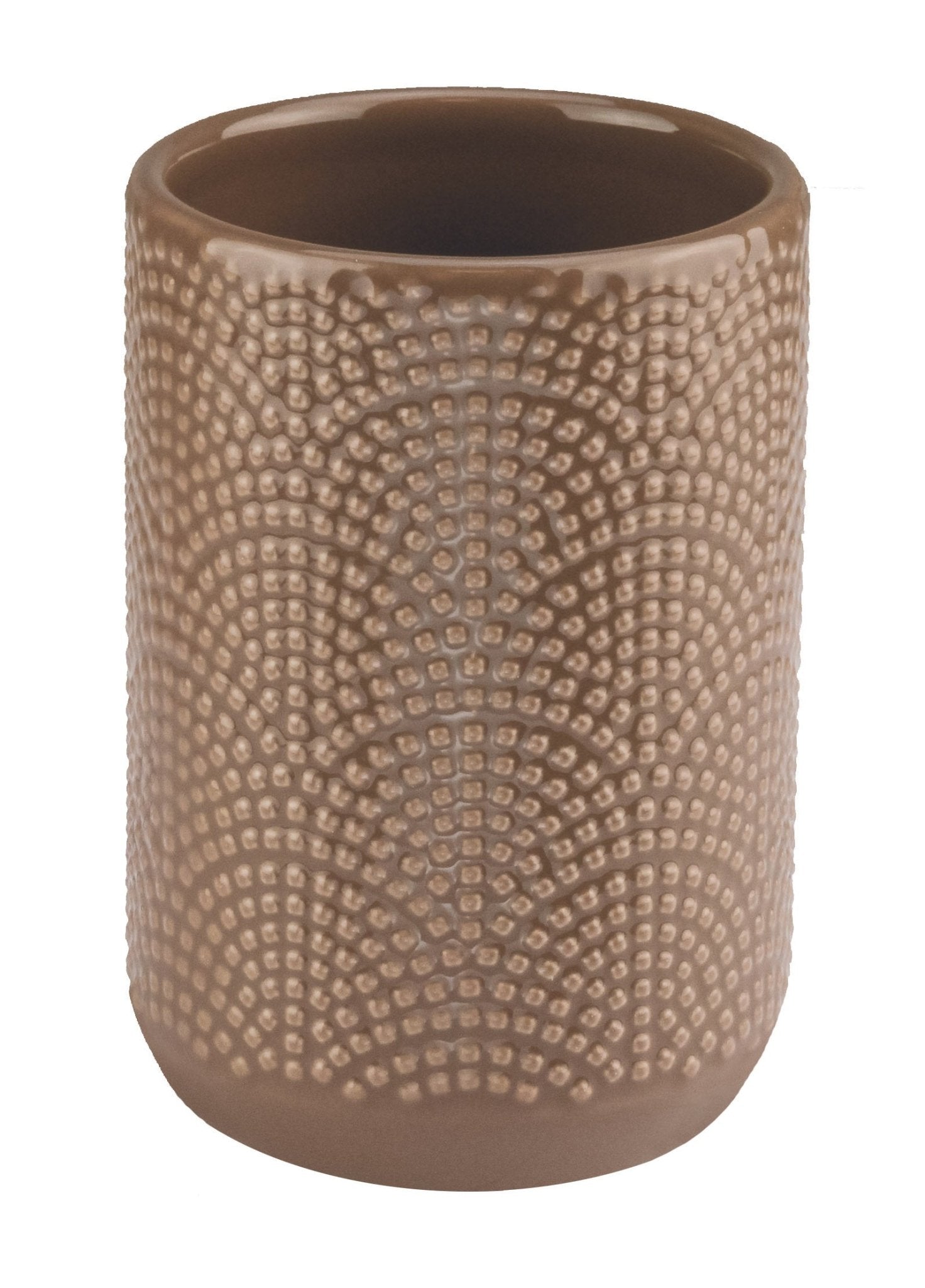 Zahnputzbecher BOW Cappuccino steht aufrecht und zeigt seine strukturierte braune Oberfläche.