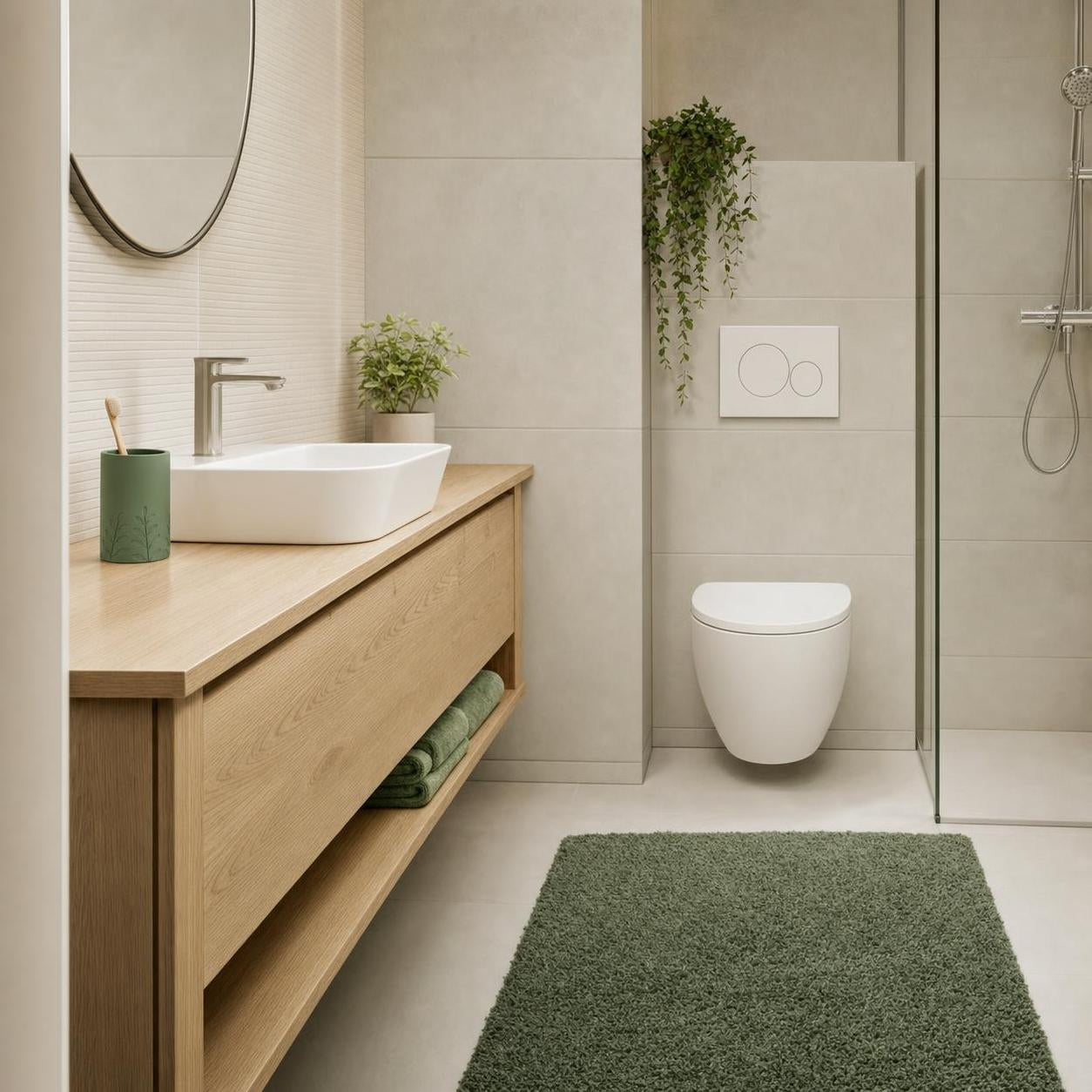 Grüner Badteppich liegt vor Waschbecken und WC im modernen Bad.