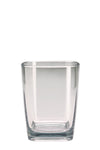 Transparenter, eckiger Zahnputzbecher aus Glas vor weißem Hintergrund