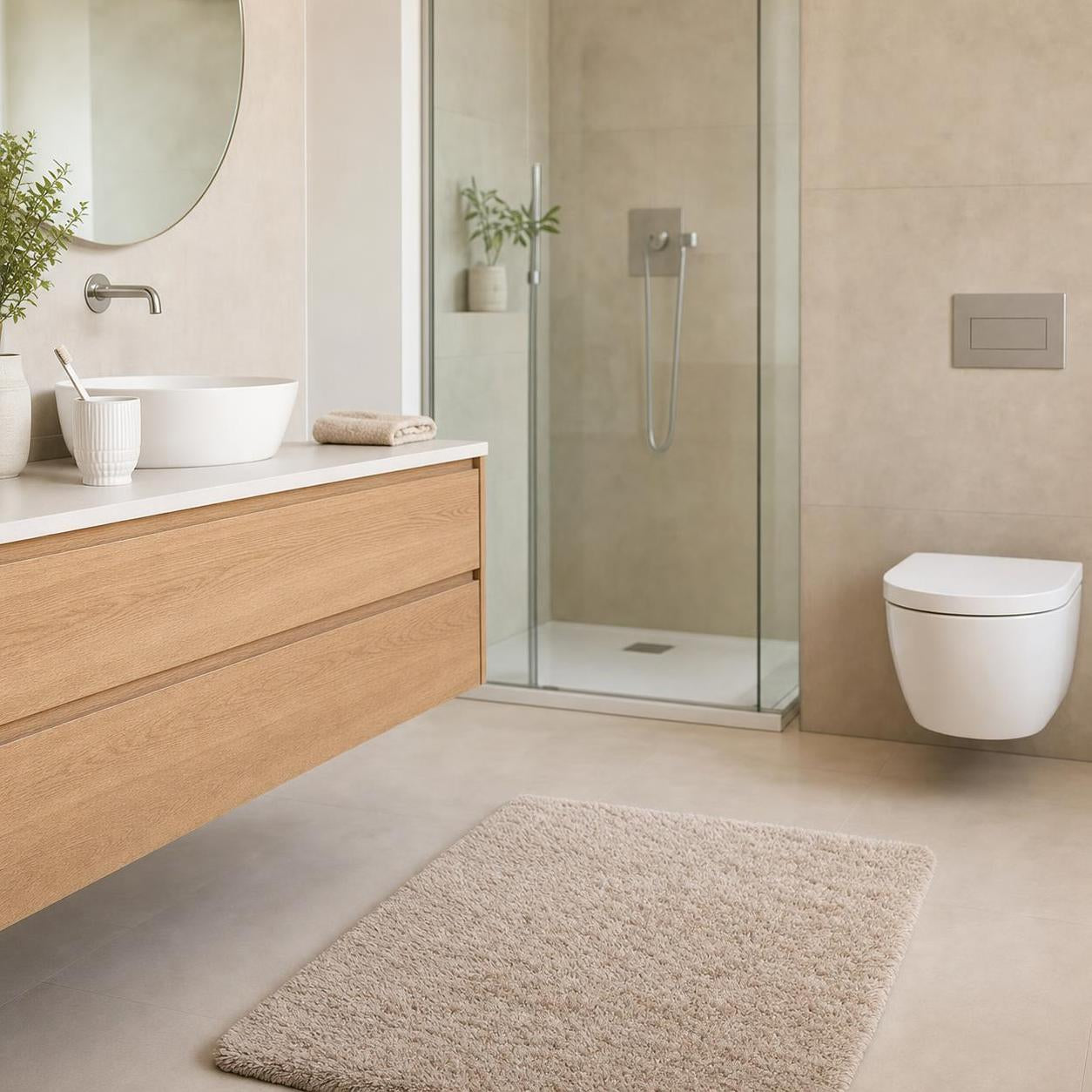 Beiger Hochflor-Badteppich liegt vor Dusche und Waschtisch im Bad.