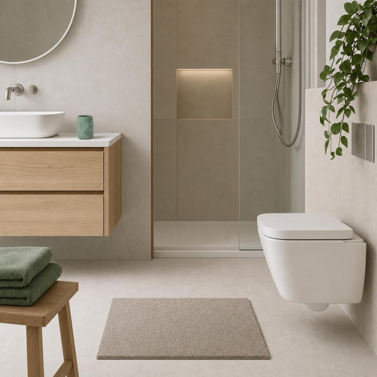 Wand-WC in modernem Bad mit Dusche, Waschtisch und grüner Pflanze.