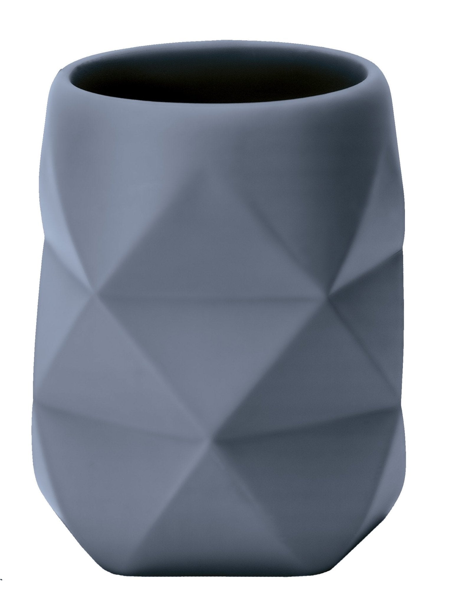 Zahnputzbecher CRACKLE Mare steht als graublauer, facettierter Becher vor weißem Hintergrund.