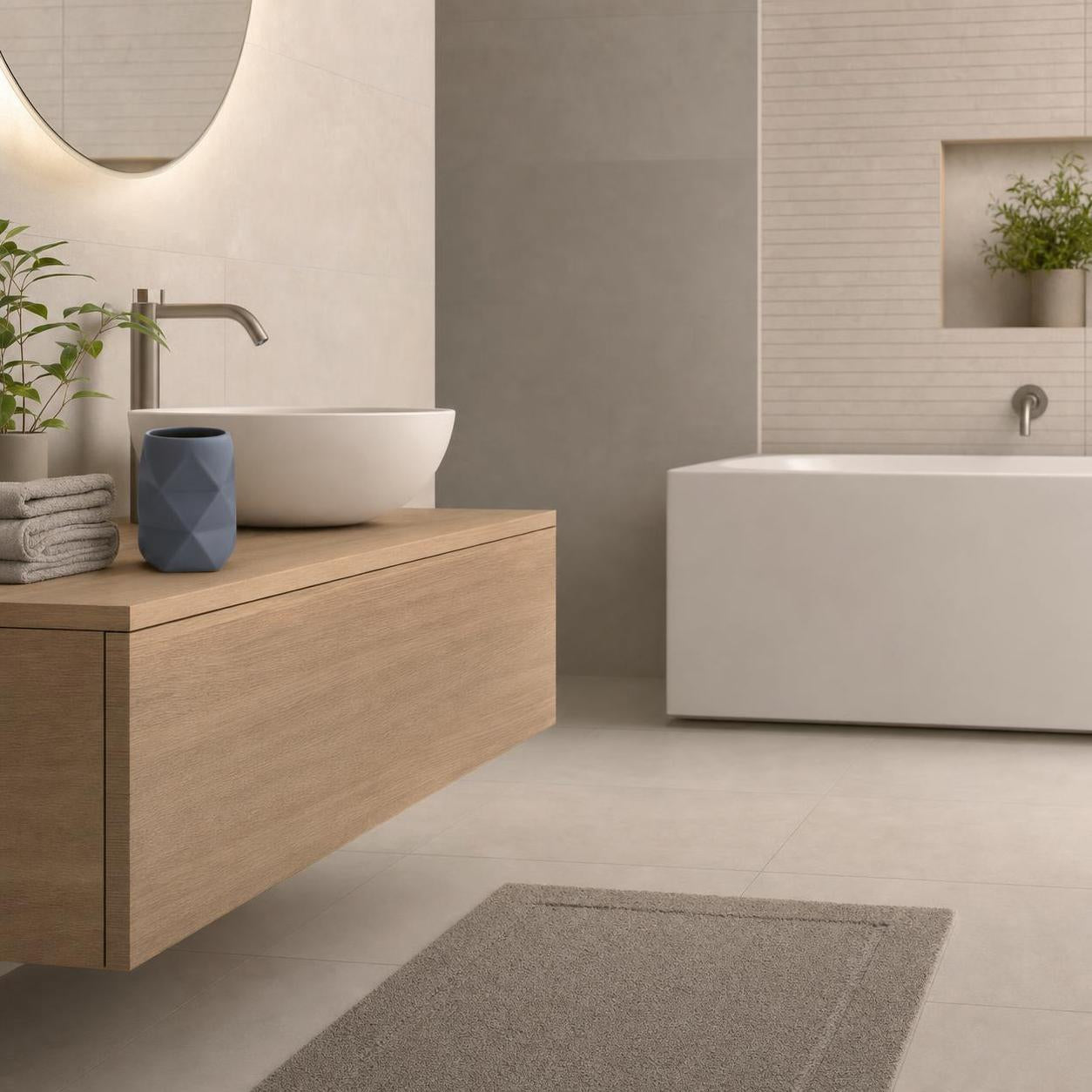 Graue Badematte liegt vor Badewanne und Holzwaschtisch im modernen Bad.