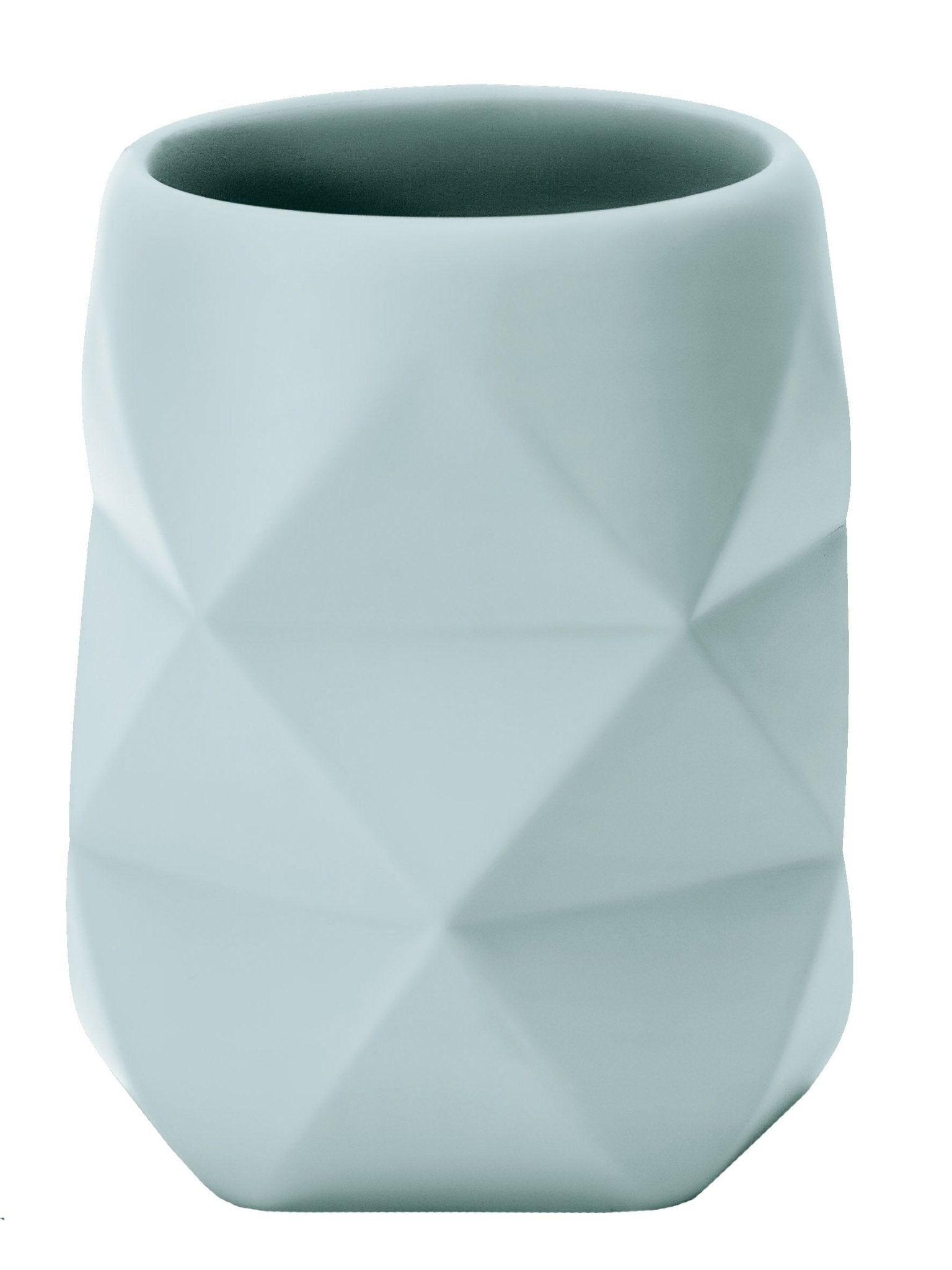 Zahnputzbecher aus hellblauem Keramik mit geometrischer Oberfläche