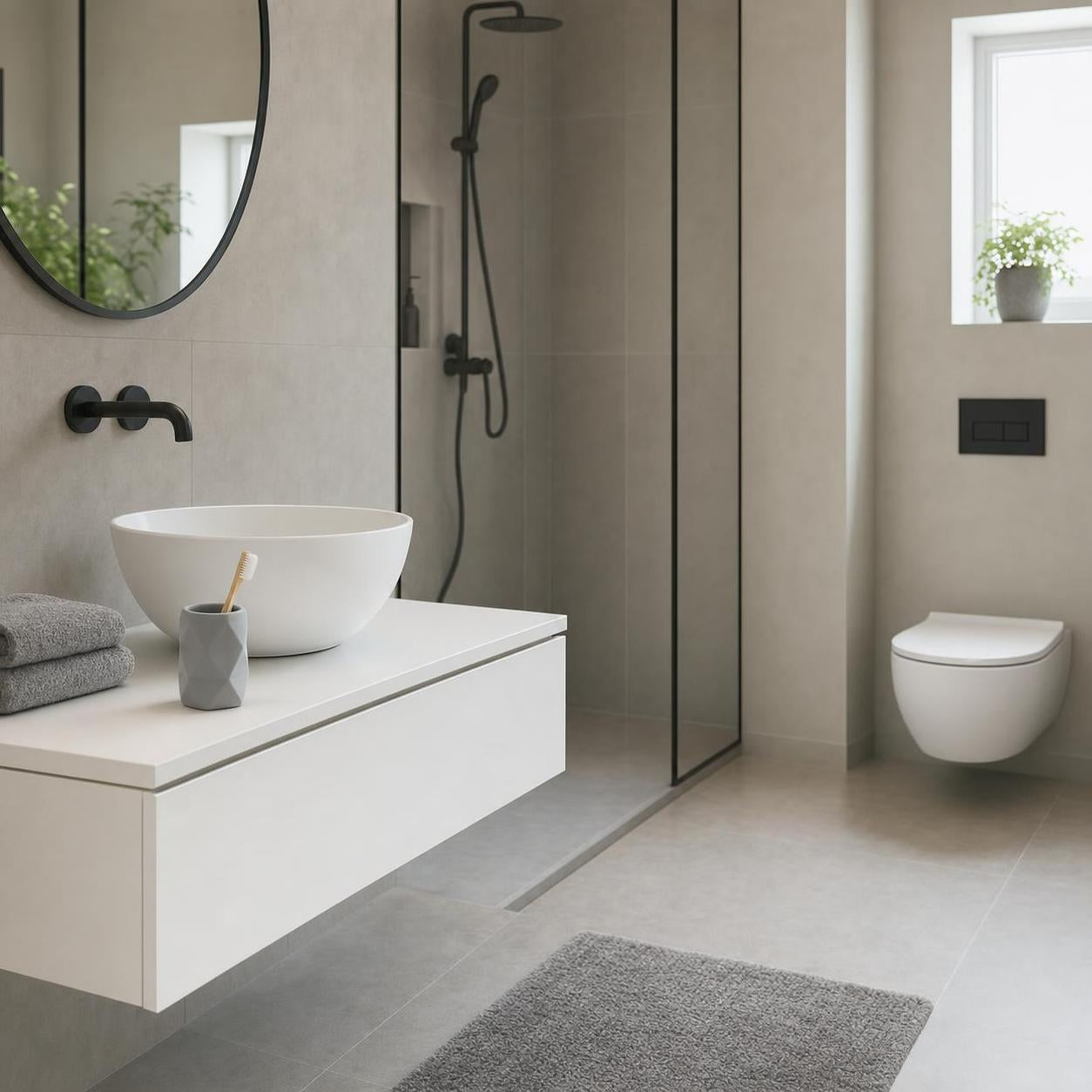 Modernes Bad mit weißem Aufsatzwaschbecken, Dusche und WC.