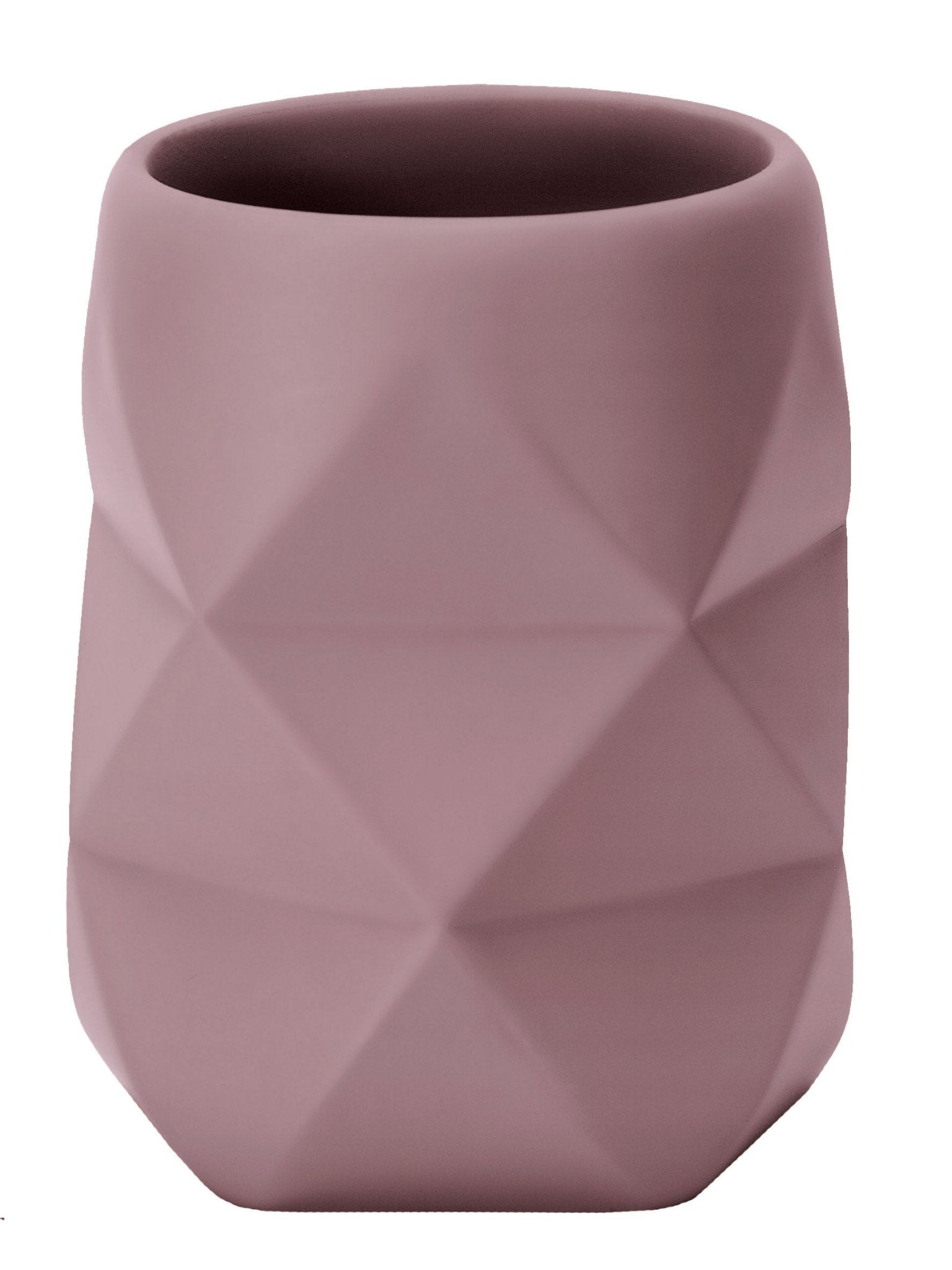 Zahnputzbecher CRACKLE Rouge steht als rosafarbener Becher mit facettierter Oberfläche im Bild.