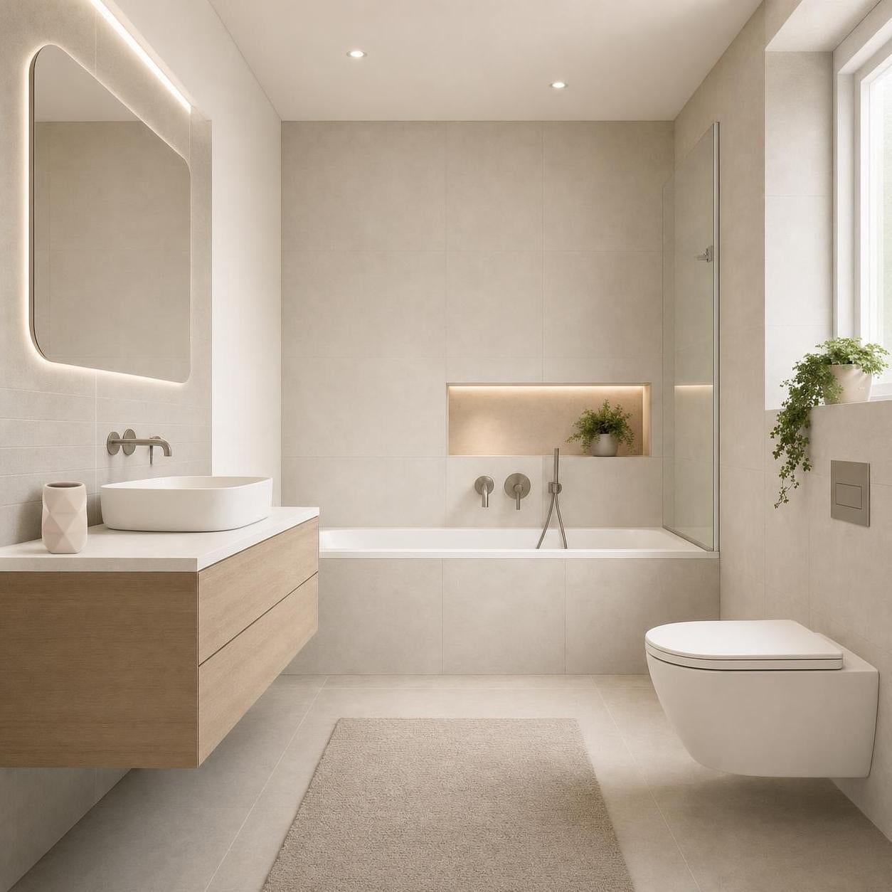 Modernes Bad mit Badewanne, Waschtisch und wandhängendem WC.