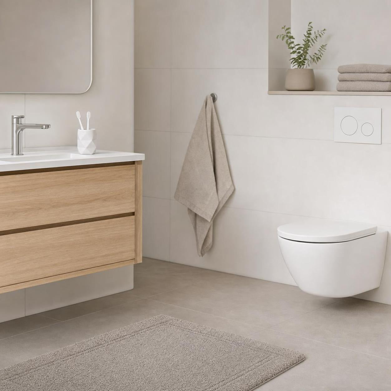 Beige Badematte liegt vor Waschtisch und WC im modernen Bad.
