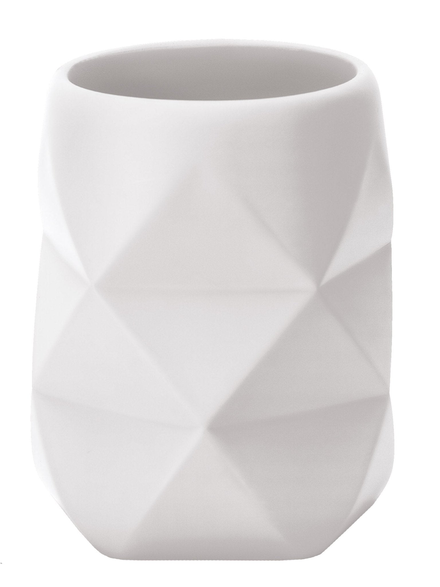 Zahnputzbecher CRACKLE Weiß steht mit facettierter Oberfläche vor weißem Hintergrund.