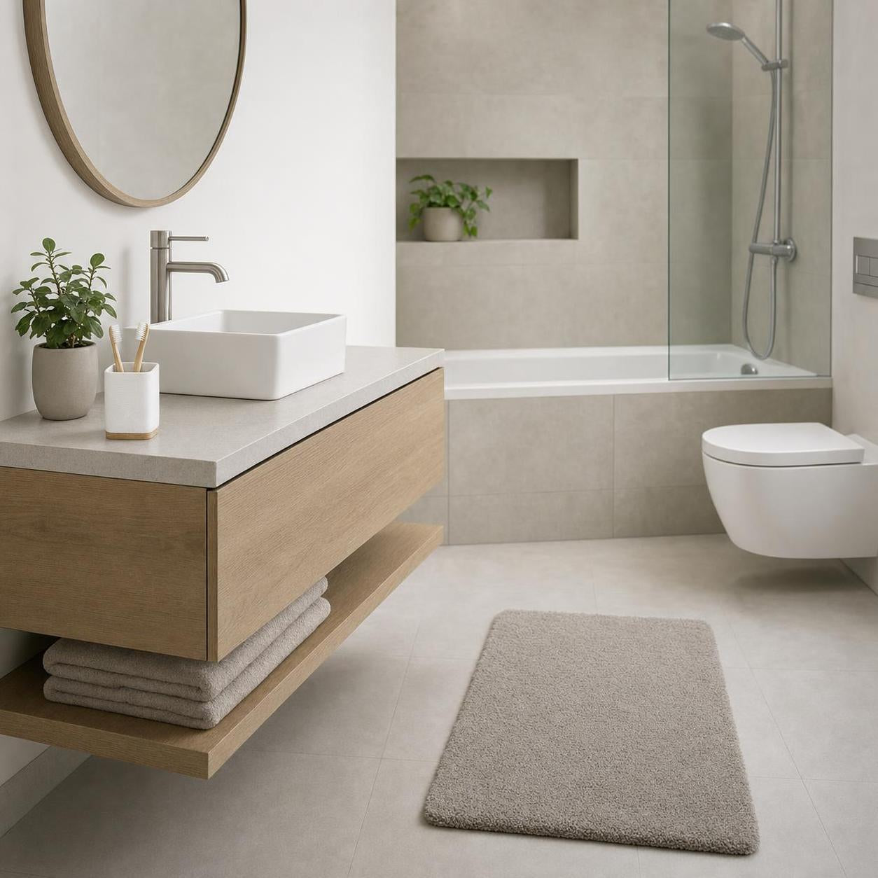 Ein grauer Badteppich liegt vor Wanne und Waschtisch im modernen Bad.
