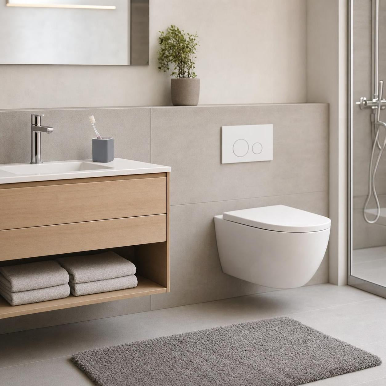 Graue Badematte liegt vor WC und Waschtisch im modernen Badezimmer.
