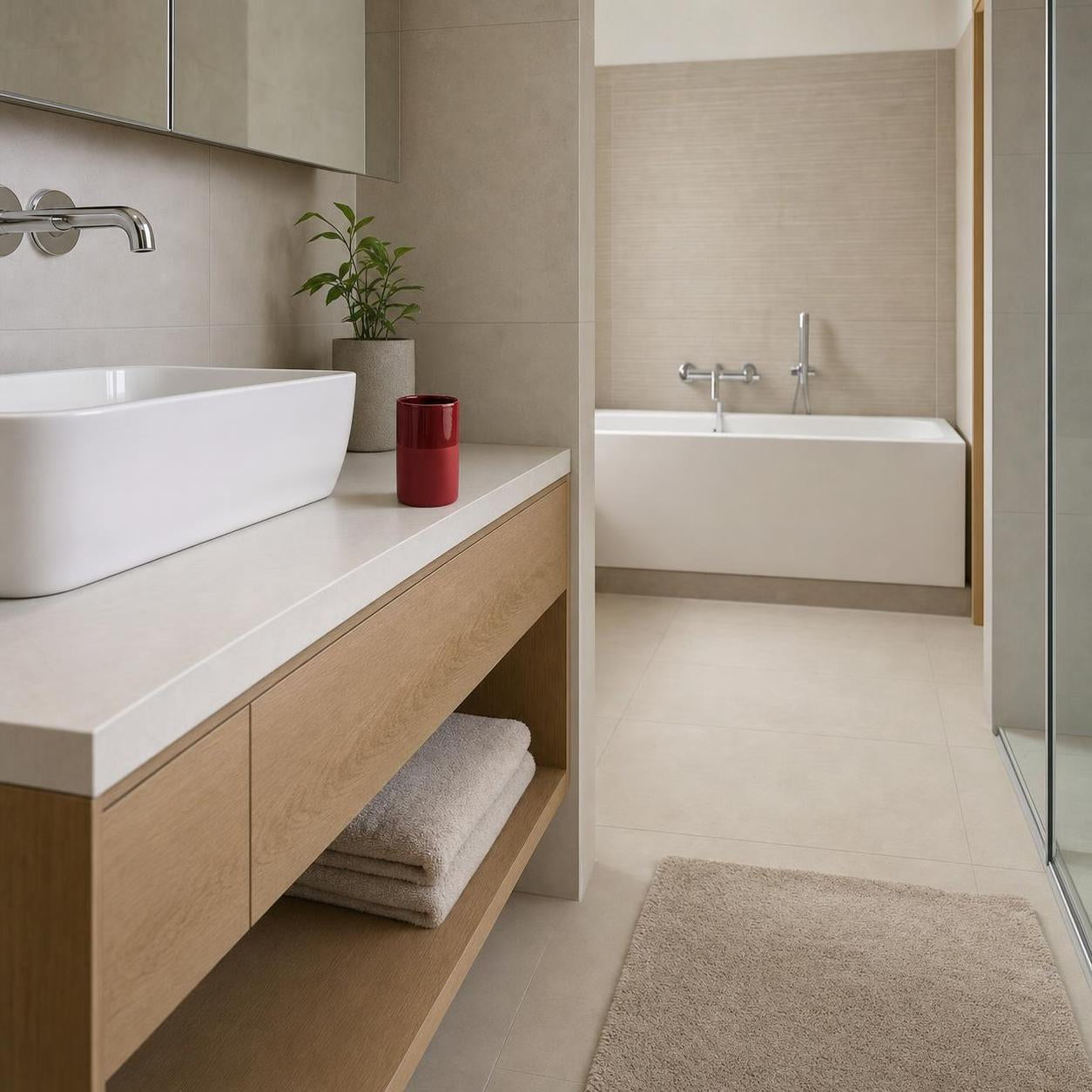 Beige Badematte liegt vor Holzwaschtisch in modernem Bad.