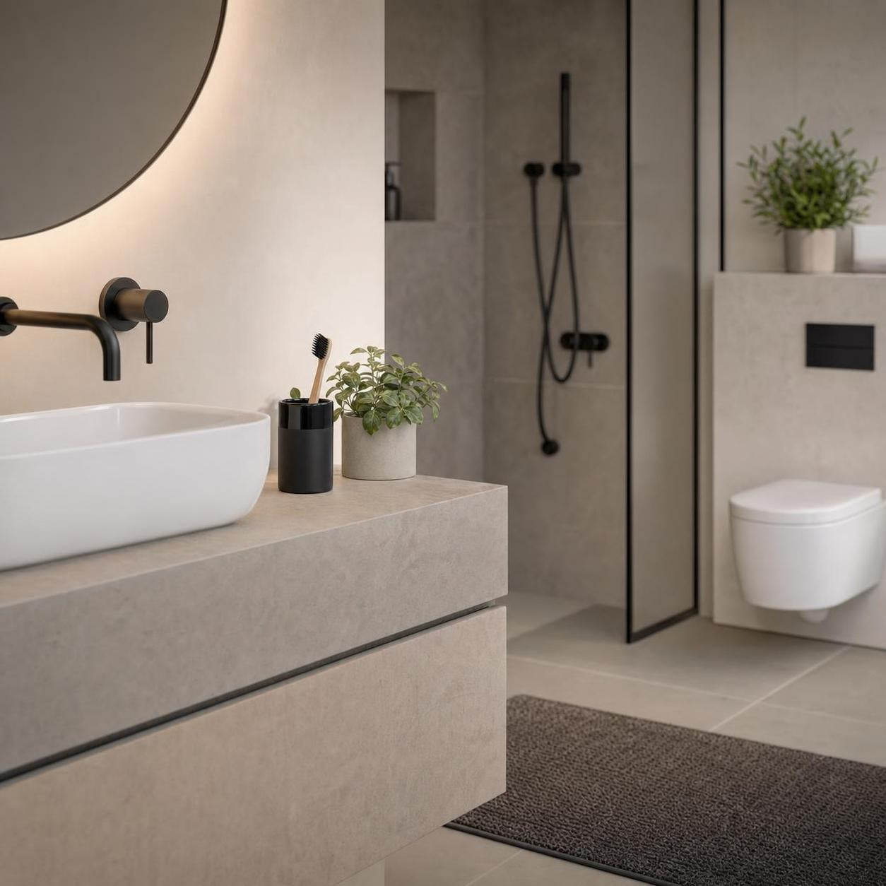Graue Badematte liegt vor Dusche und Waschtisch im modernen Bad.