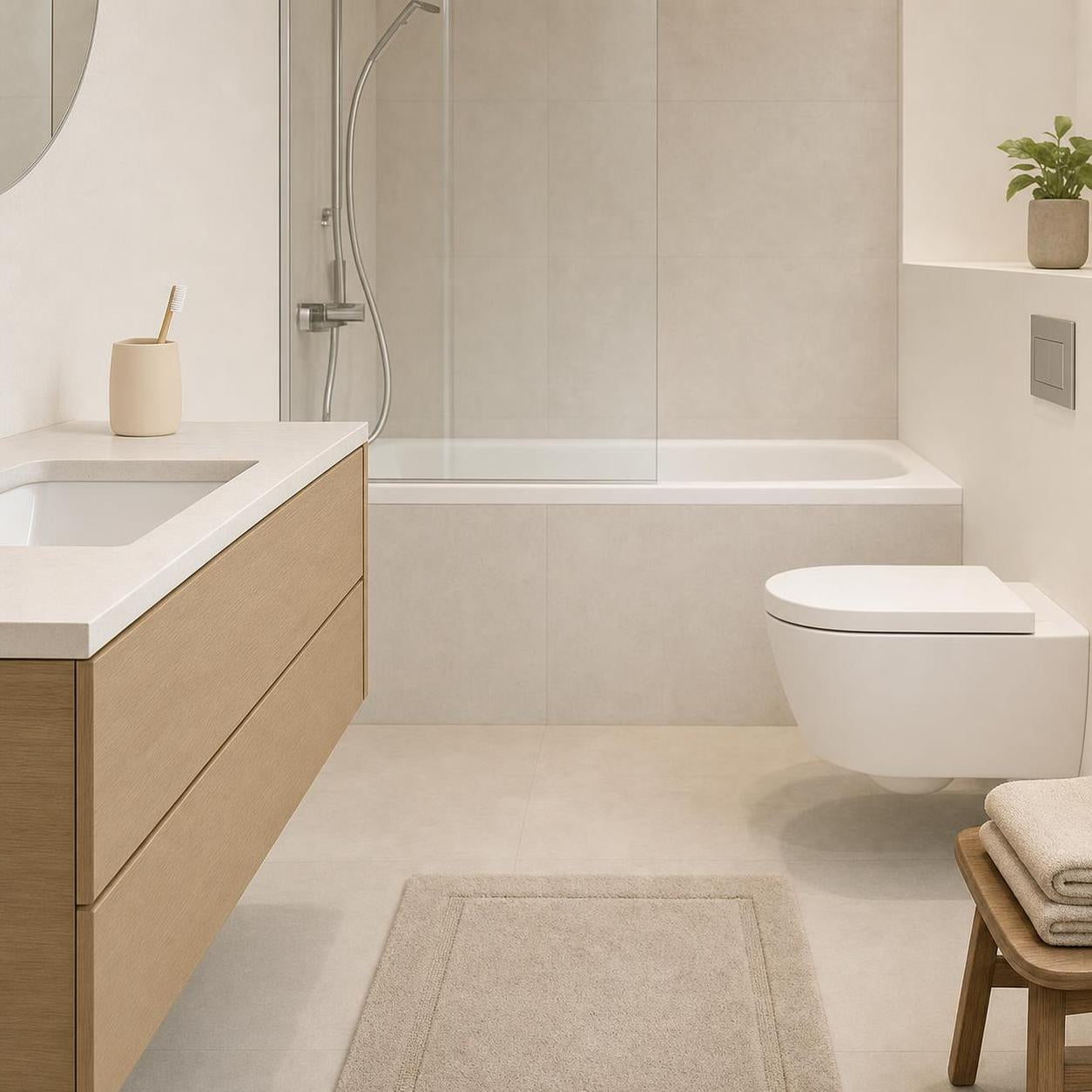 Beiger Badteppich liegt in modernem Bad vor Wanne und WC.