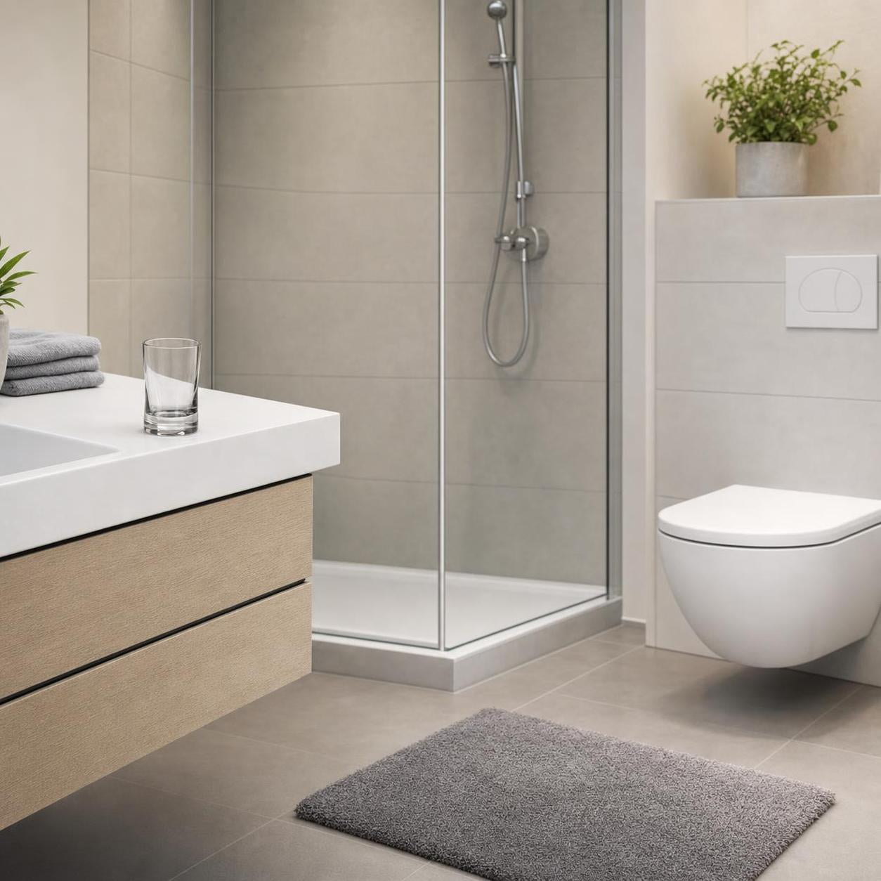 Eine Glasdusche steht in einem modernen Bad mit WC und Waschtisch.