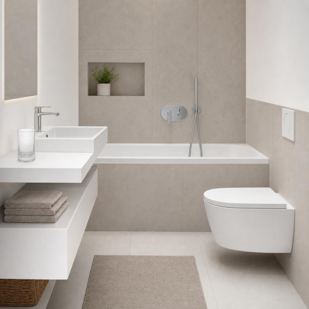 Wandhängendes weißes WC in modernem Bad mit Wanne und Waschtisch.