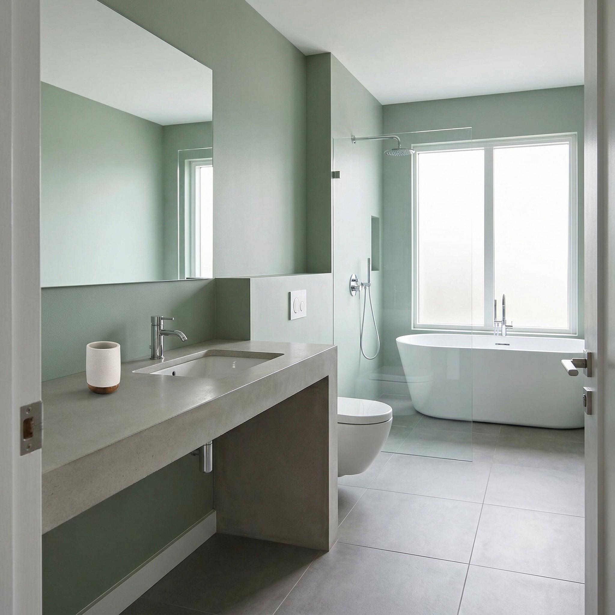 Modernes helles Bad mit Waschbecken, Dusche, freistehender Badewanne