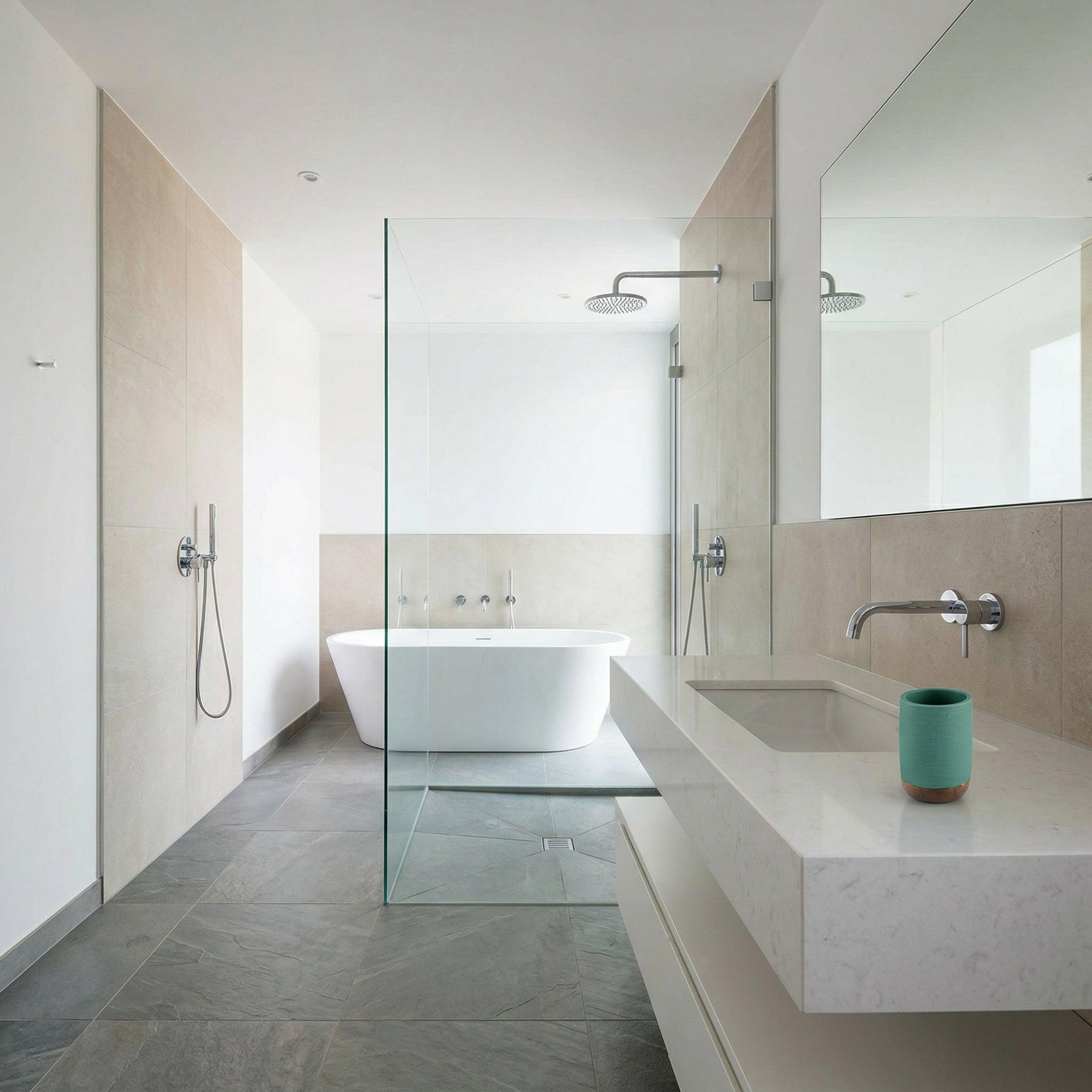 Modernes Bad mit freistehender Wanne, Regendusche und Waschtisch