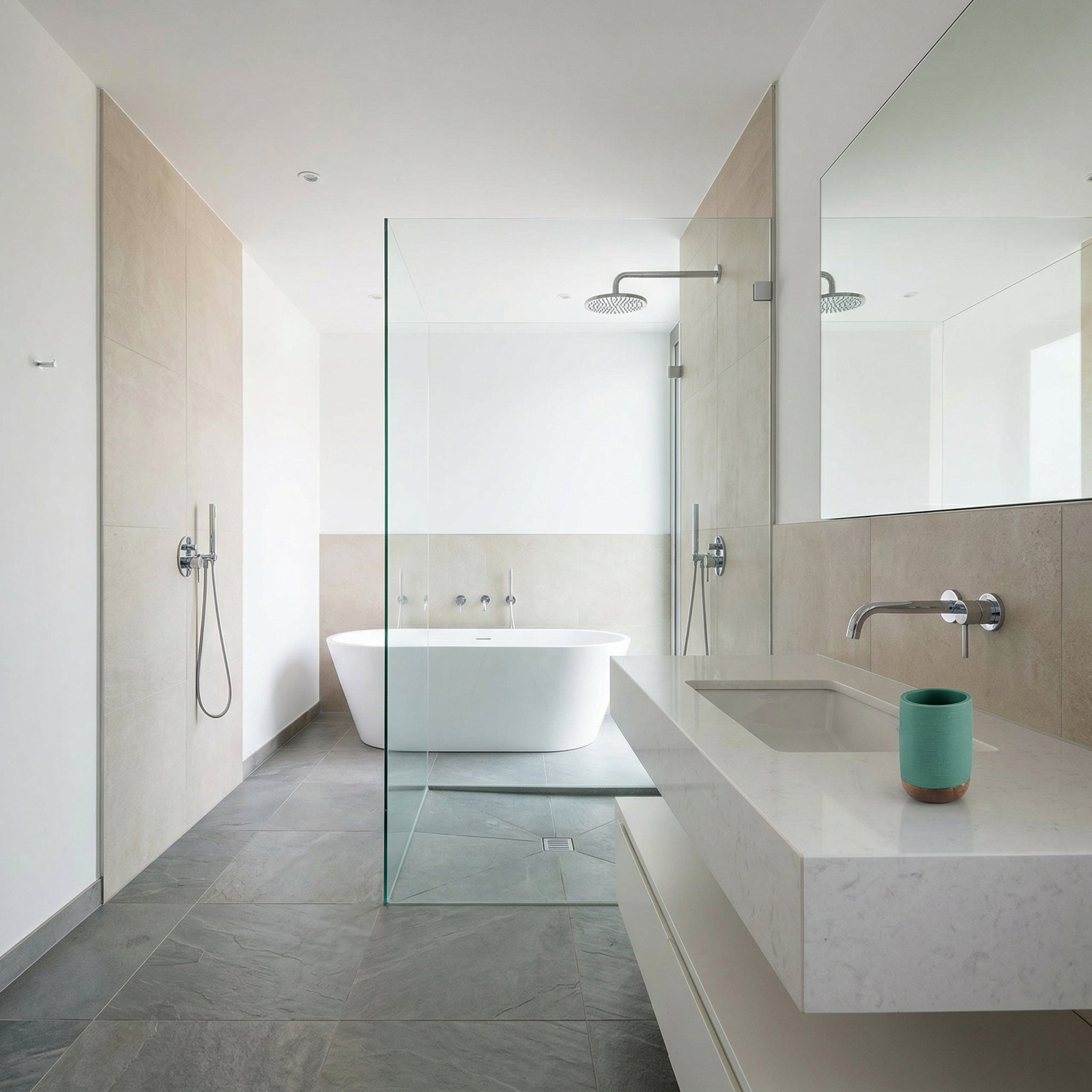 Modernes Bad mit freistehender Wanne, Regendusche und Waschtisch