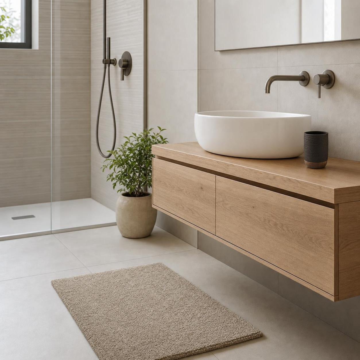 Beige Badematte liegt vor Holzwaschtisch in modernem Badezimmer.