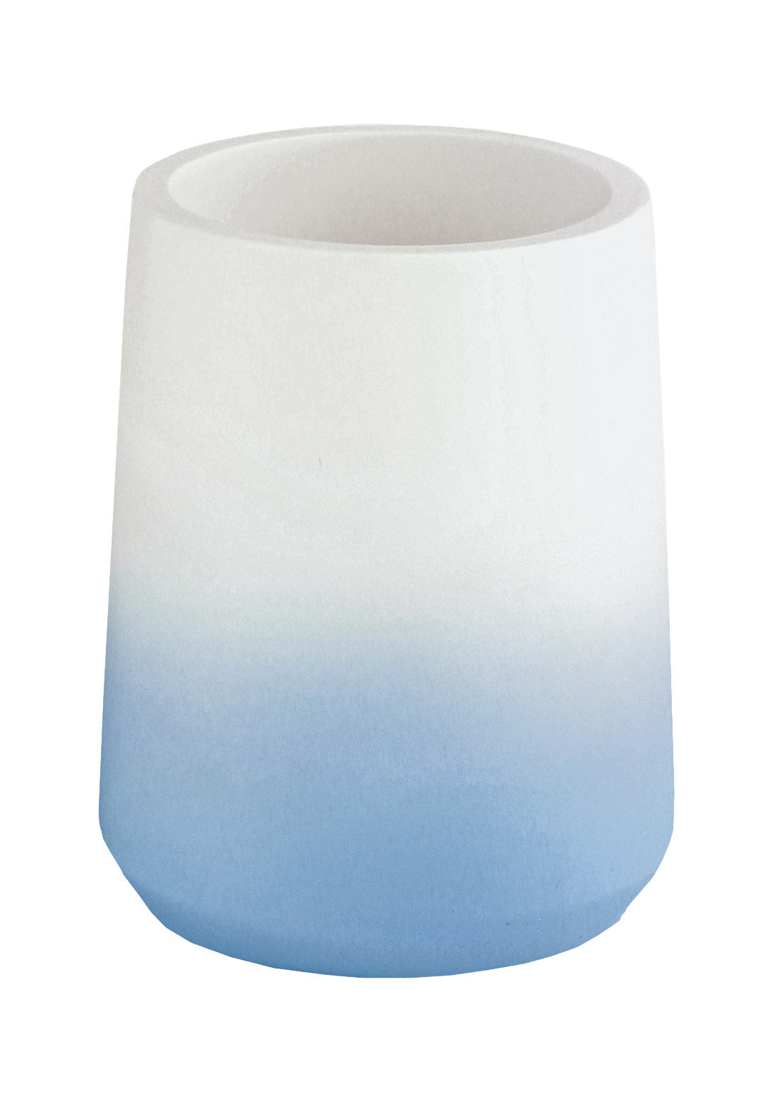 Weiß-blauer Zahnputzbecher auf weißem Hintergrund.