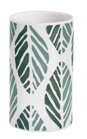 Zahnputzbecher LEAF Pacific mit grünem Blattmuster steht aufrecht vor weißem Hintergrund.