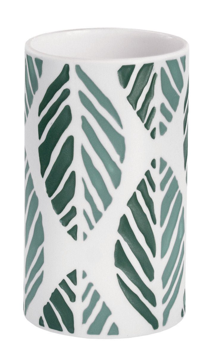 Zahnputzbecher LEAF Pacific mit grünem Blattmuster steht aufrecht vor weißem Hintergrund.